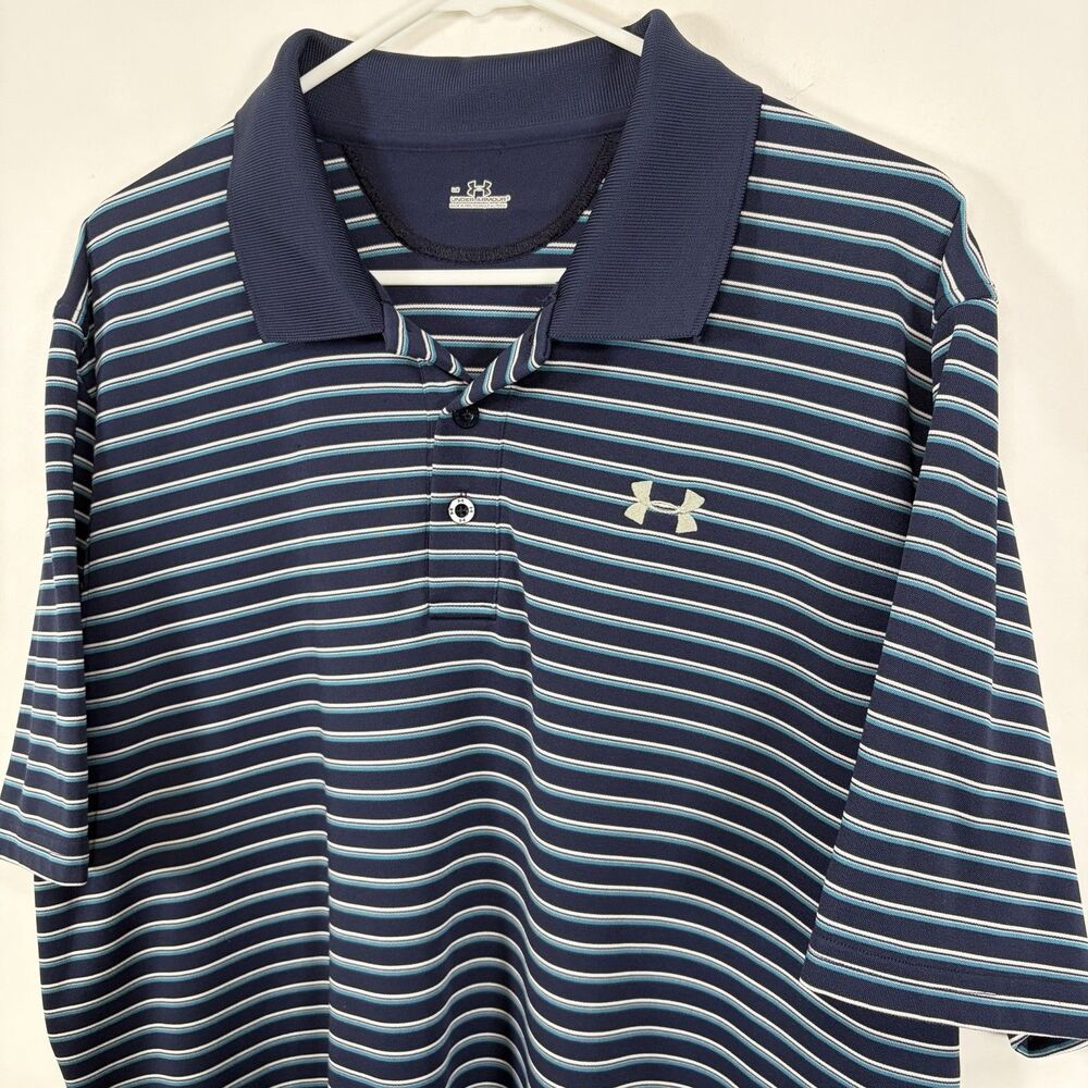 Under Armour Golf Polo Shirt Mens Size Large Navy Light Blue Striped Performance